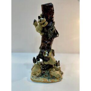 Handcrafted Folkart "Skallywags" Art Pottery Cats and Dogs Climbing a Tree